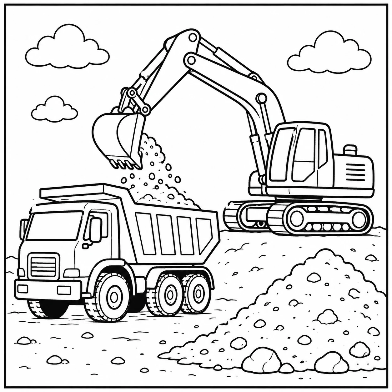 Graafmachine vult een kiepwagen met stenen terwijl beide voertuigen samenwerken op de grond