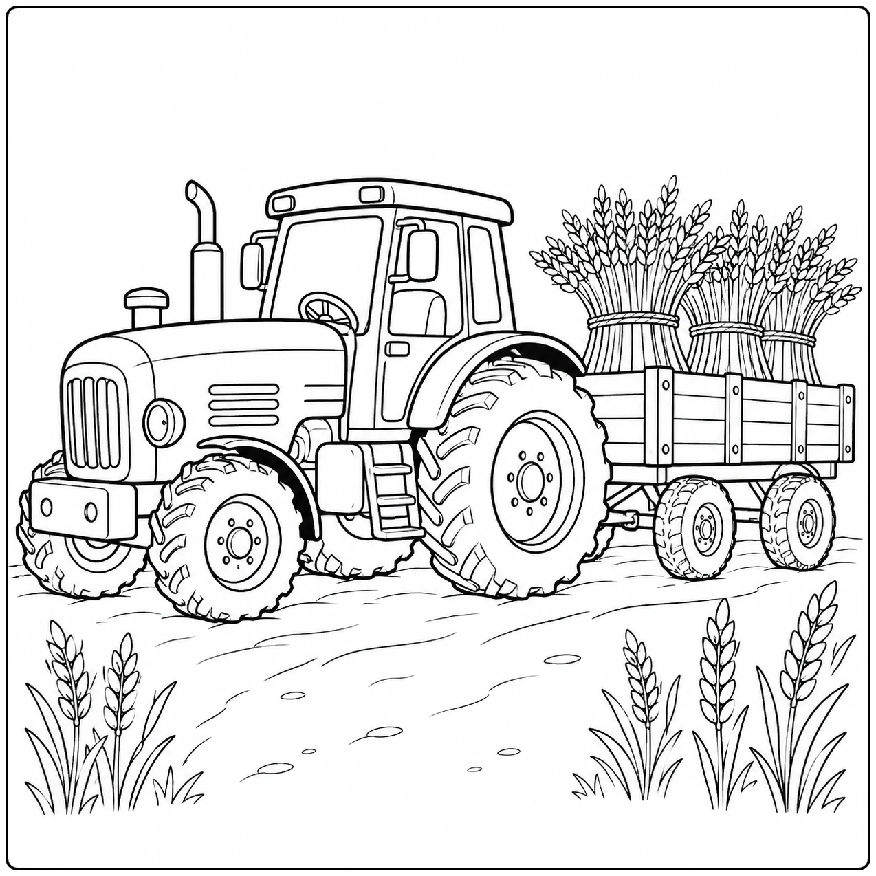 Een tractor met volle graanwagen vormt de kern van deze Oogsttrekker kleurplaat op het open veld