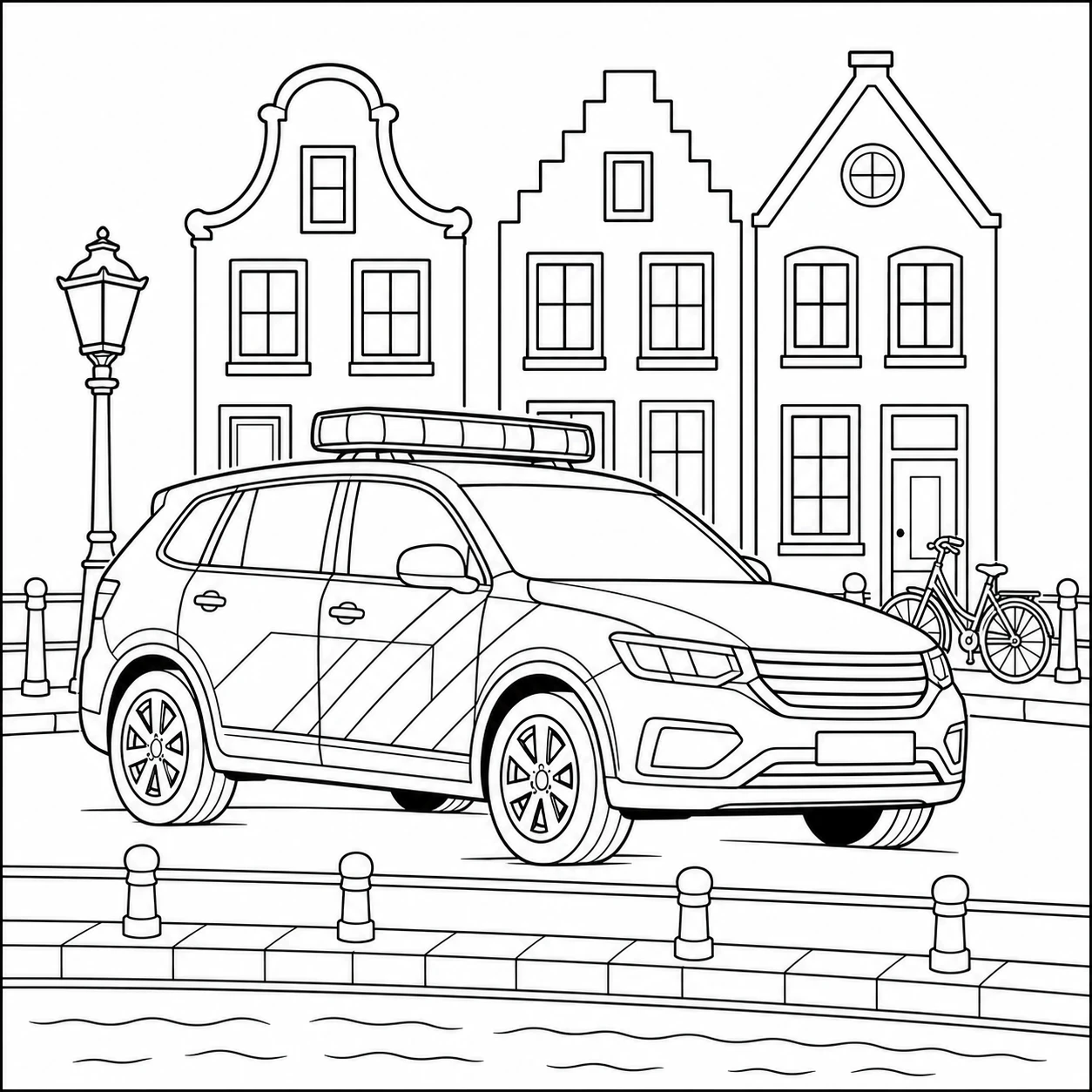 Politieauto voor drie smalle grachtenhuizen met straatlantaarn, fiets en kade langs het water.