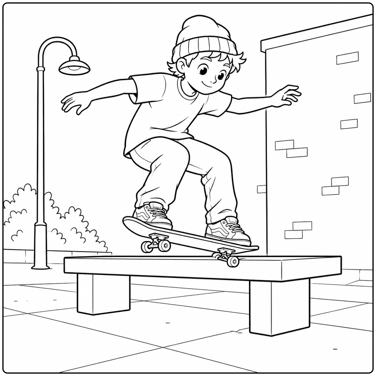 Skateboarder glijdt over een lage bank in een stedelijke omgeving met lantaarnpaal en bakstenen muur