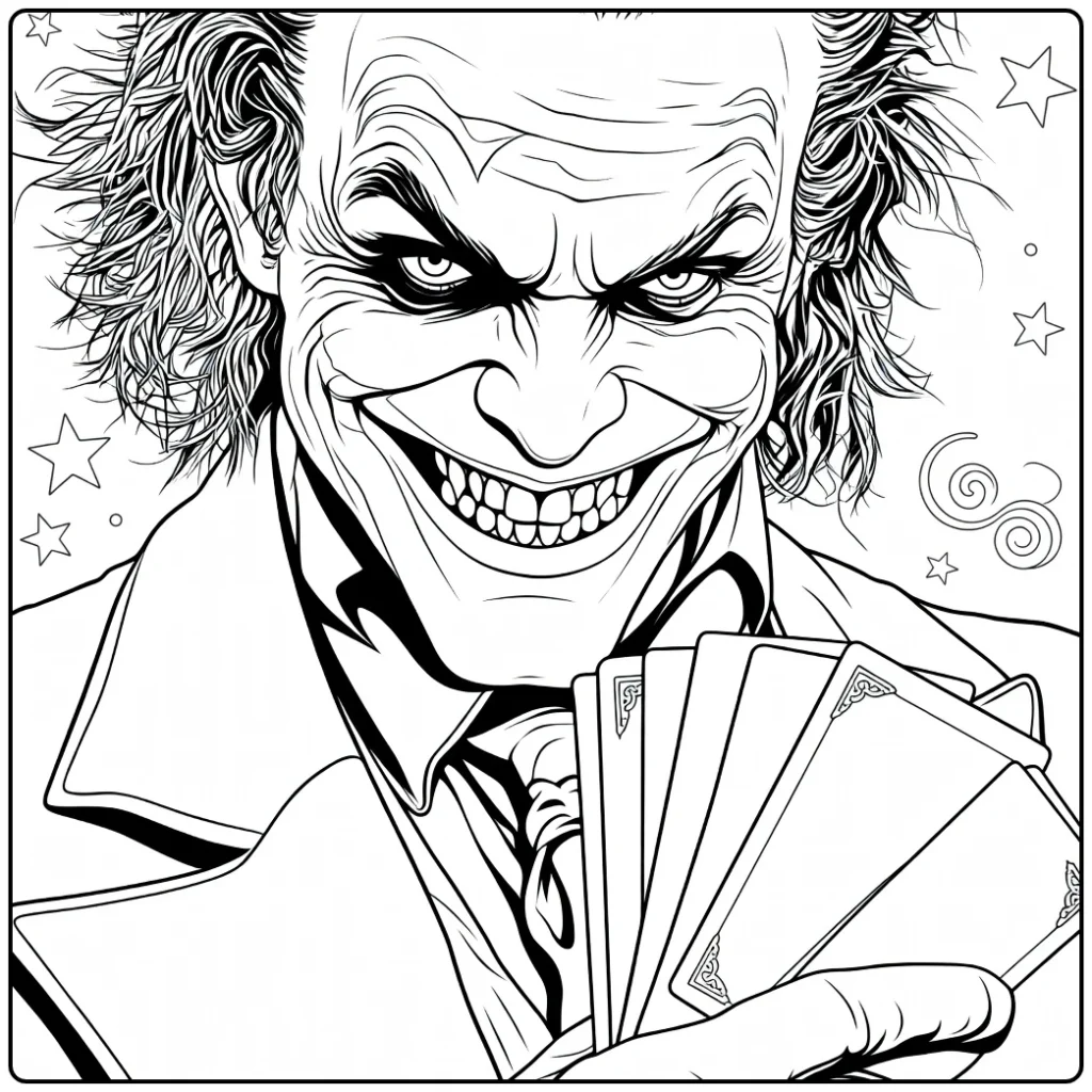 Man met groen haar en paarse jas houdt kaarten vast Joker Kleurplaat