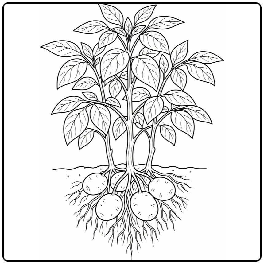 Groenteplanten Kleurplaat met een aardappelplant en knollen
