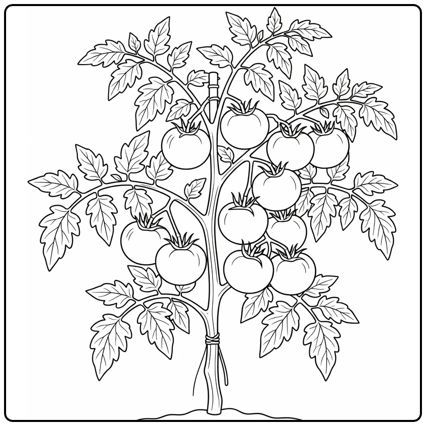 Groenteplanten Kleurplaat tomatenplant met houten staak