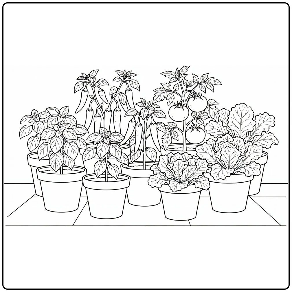 Groenteplanten Kleurplaat met basilicum tomaten en sla op terras