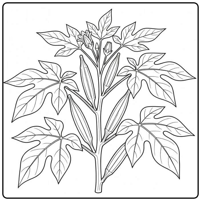 Groenteplanten Kleurplaat okra met bladeren en peulen