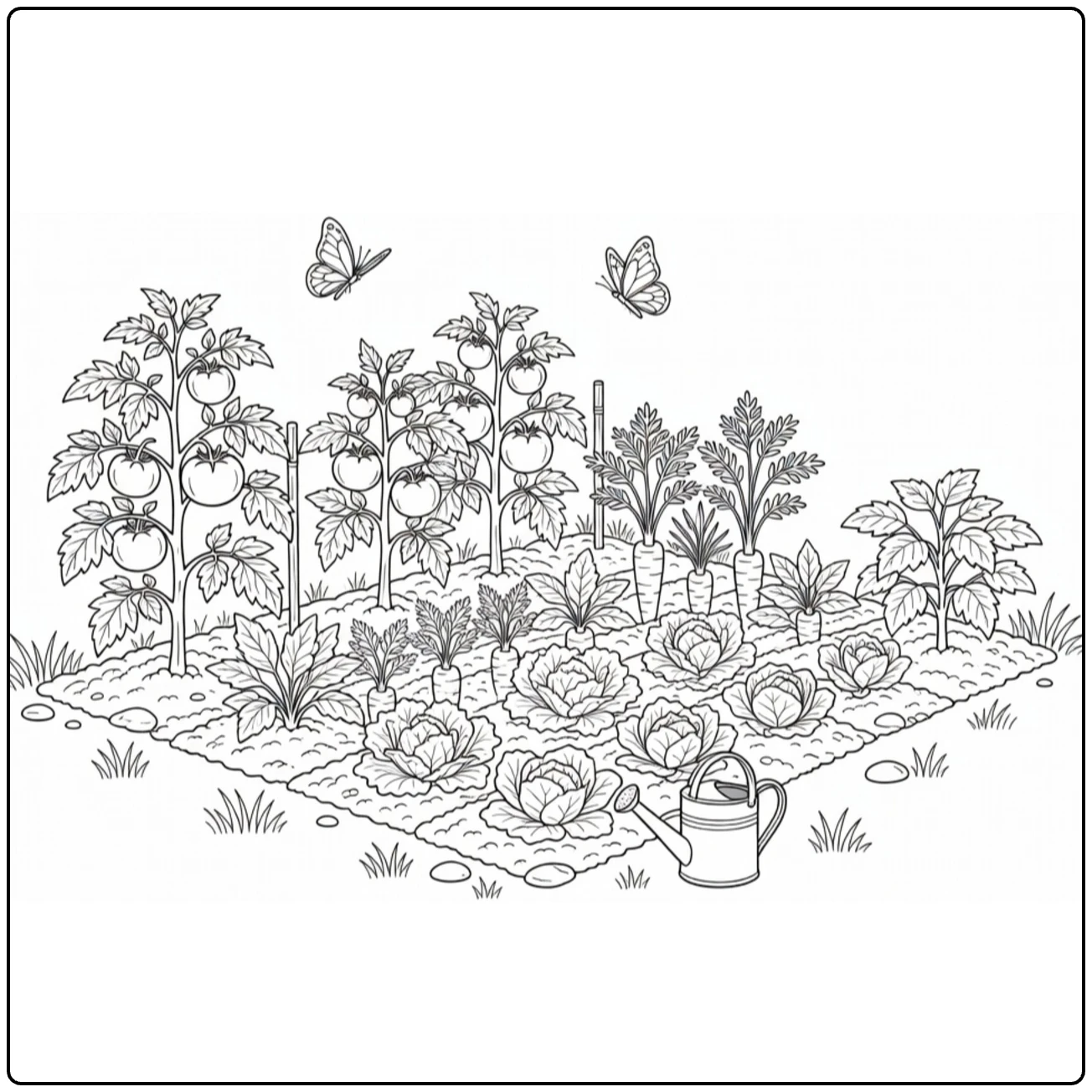 Groenteplanten Kleurplaat van nette moestuin met tomaten en wortels