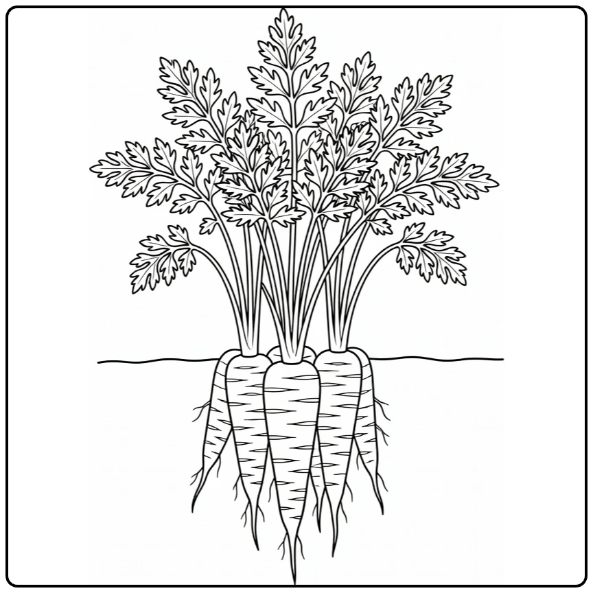 Groenteplanten Kleurplaat met wortelplant en bladerige toppen