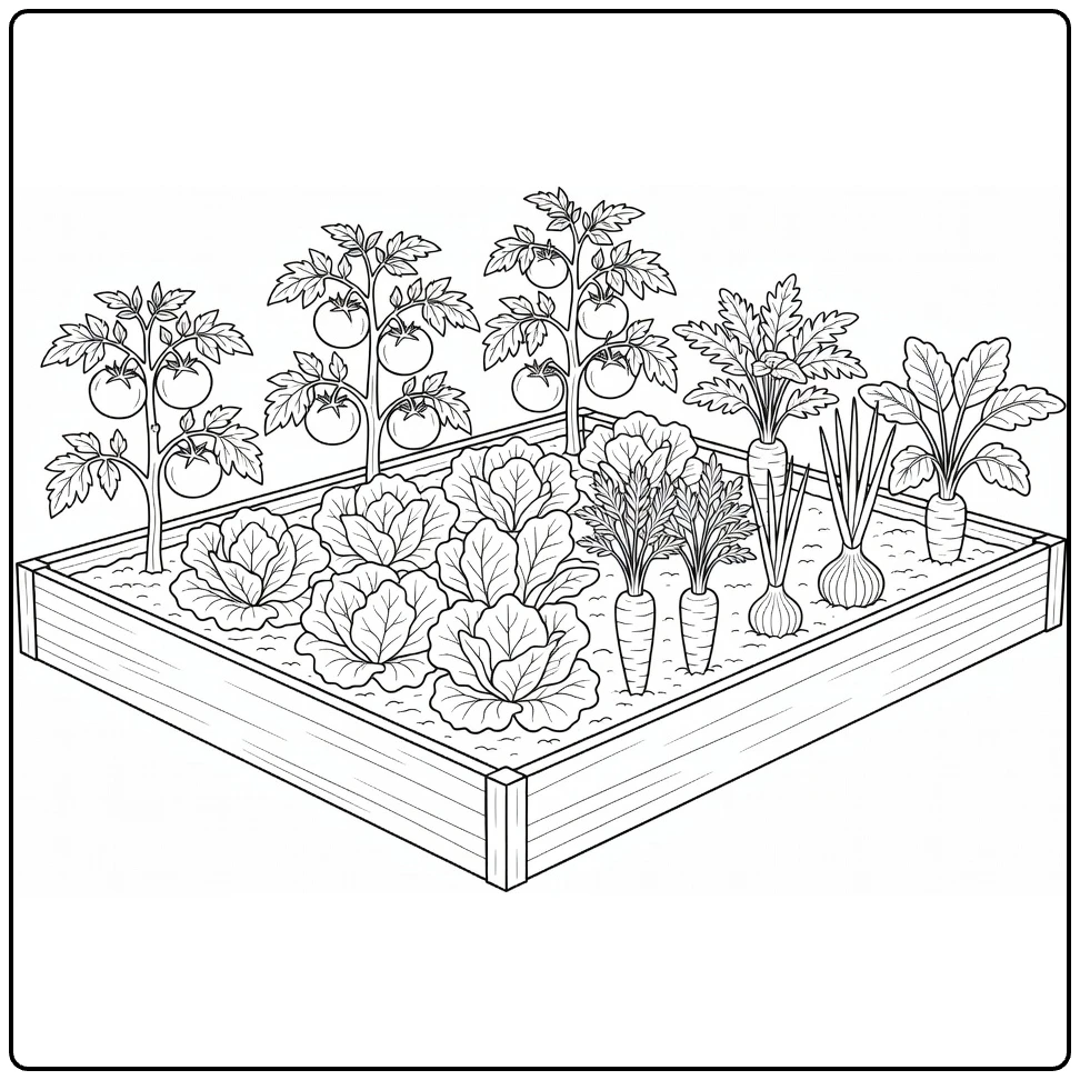 Groenteplanten Kleurplaat met tomaten sla wortelen en uien