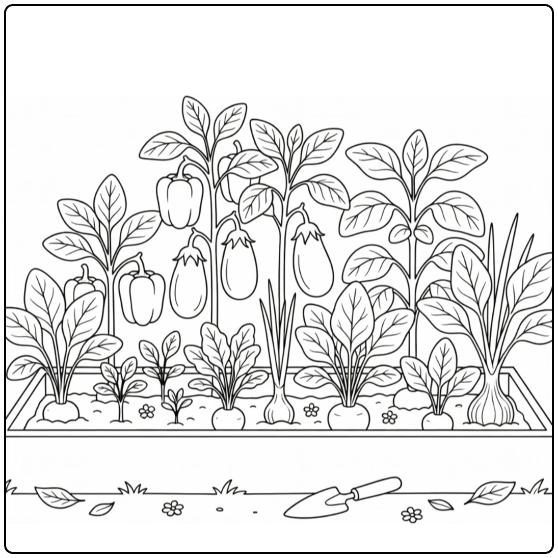 Groenteplanten Kleurplaat met paprika's en aubergines in tuin