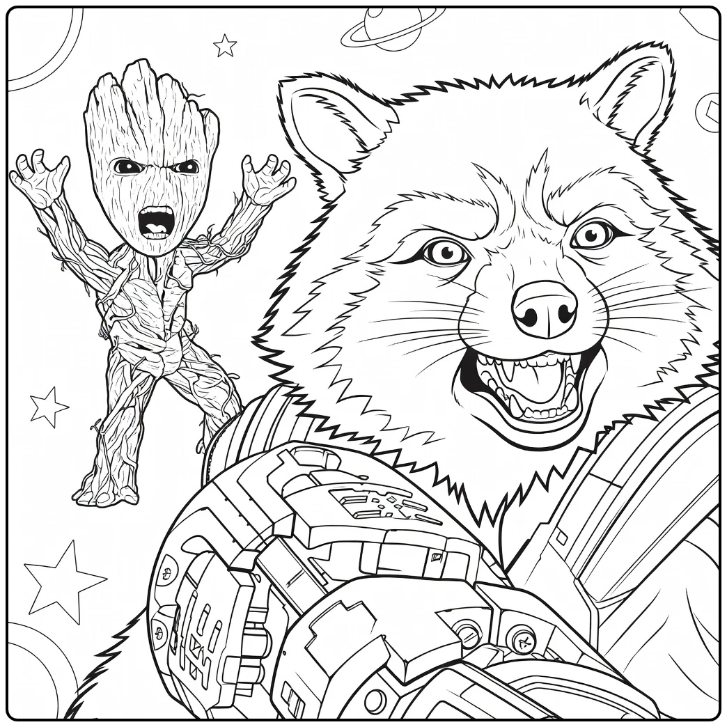 Rocket Raccoon Kleurplaat met een grommende wasbeer in harnas en een kleine houten figuur met opgeheven armen