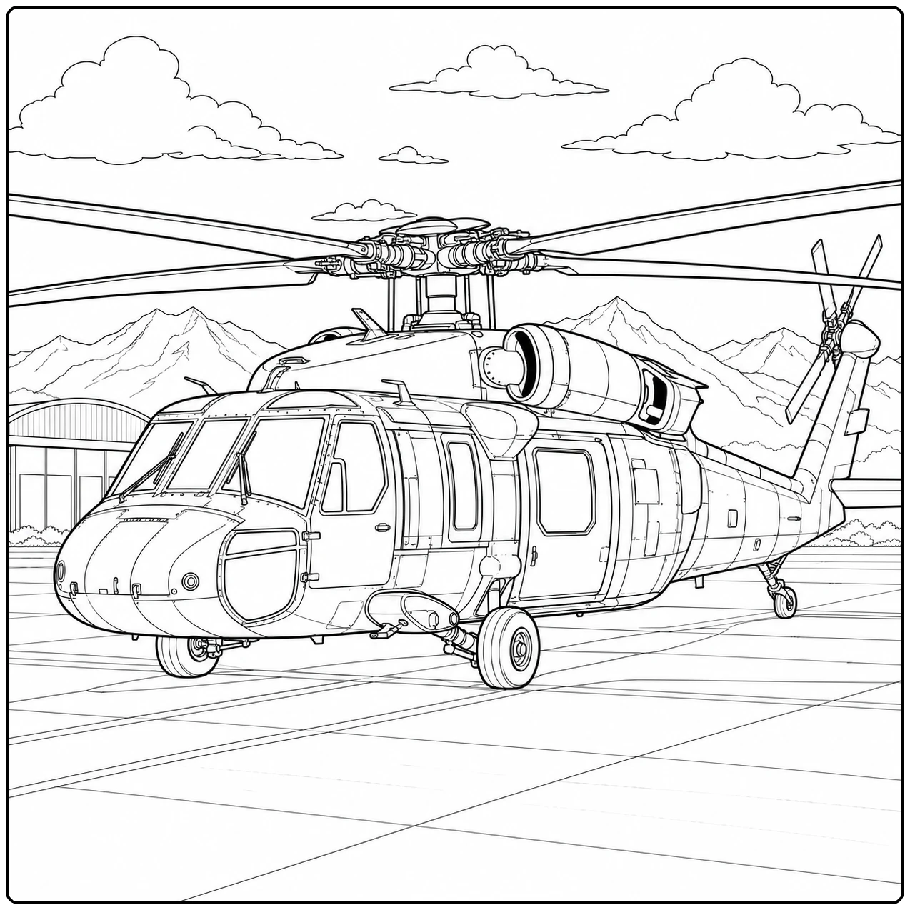 Op een vliegveld staat een grote kleurplaat leger helikopter met bergen in de verte