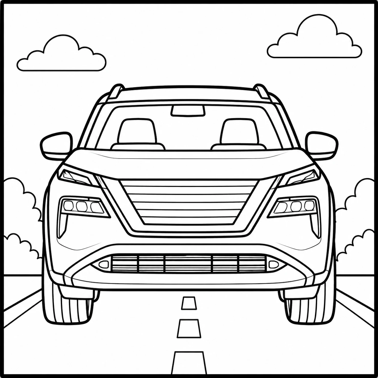 Nissan SUV met brede voorkant en grote wielen in een eenvoudige verkeersomgeving