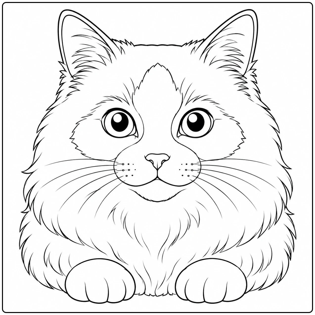 Frontaal kijkende kat met grote ronde ogen en twee voorpoten, passend bij kleurplaat heilige birmaan.