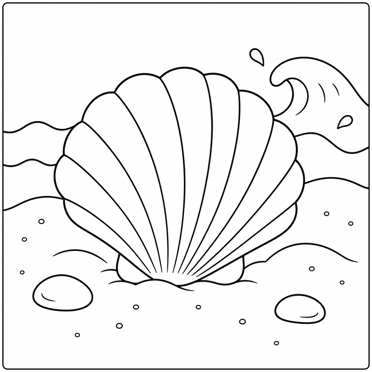 Grote waaierschelp op zacht zand, met een brekende golf en twee gladde stenen.