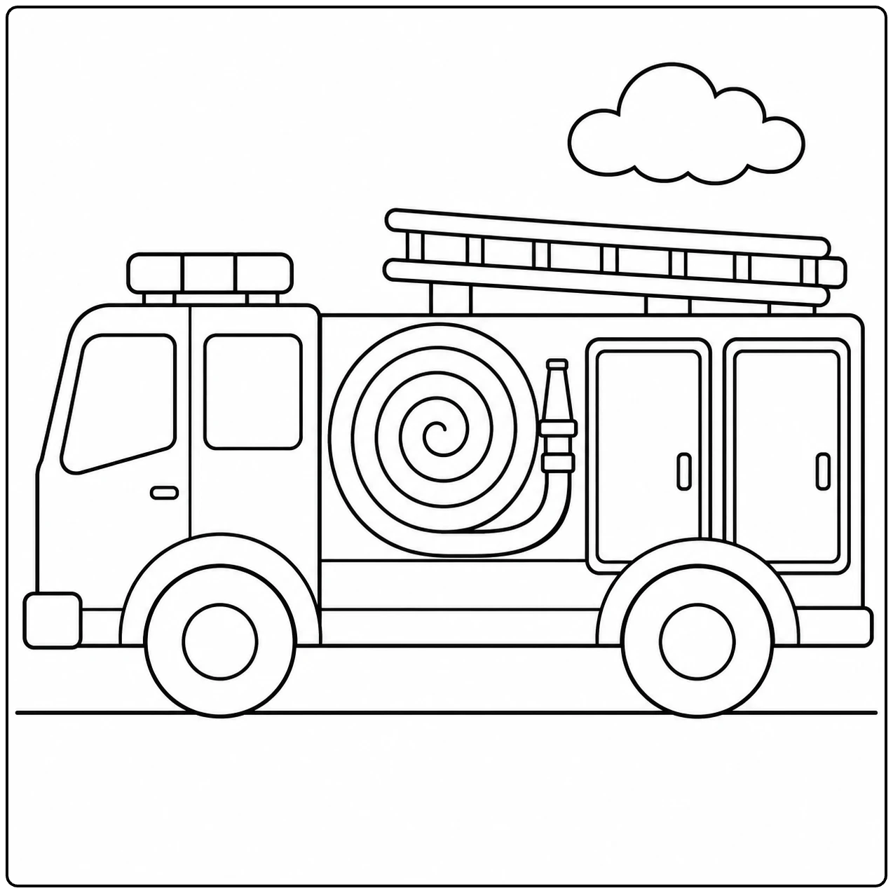 Brandweerwagen van opzij met een grote slanghaspel; kleurplaat brandweerauto met eenvoudige lijnen