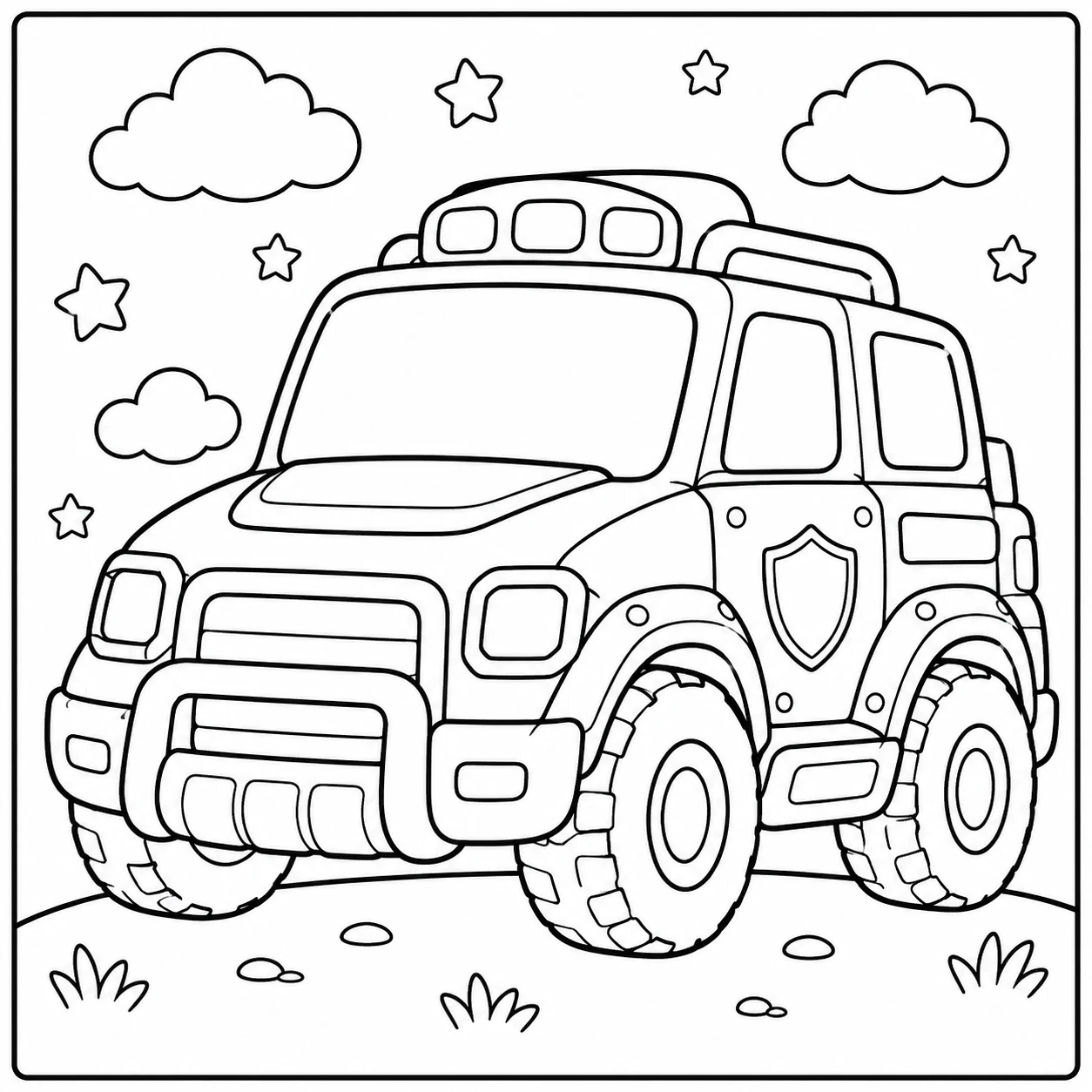 Stoere terreinwagen met grote banden en een speelse sterrenhemel