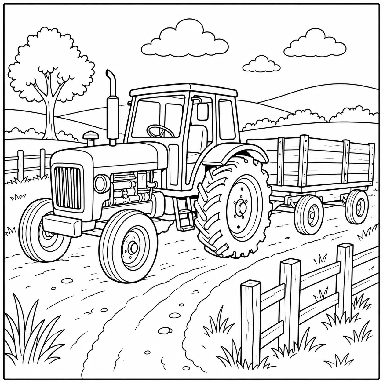 Grote landbouwtractor met kiepwagen op een landelijke weg met bomen en weiland