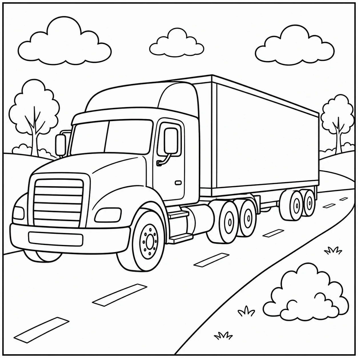 Grote kleurplaat vrachtwagen met oplegger rijdt over een brede weg langs wolken en struiken.