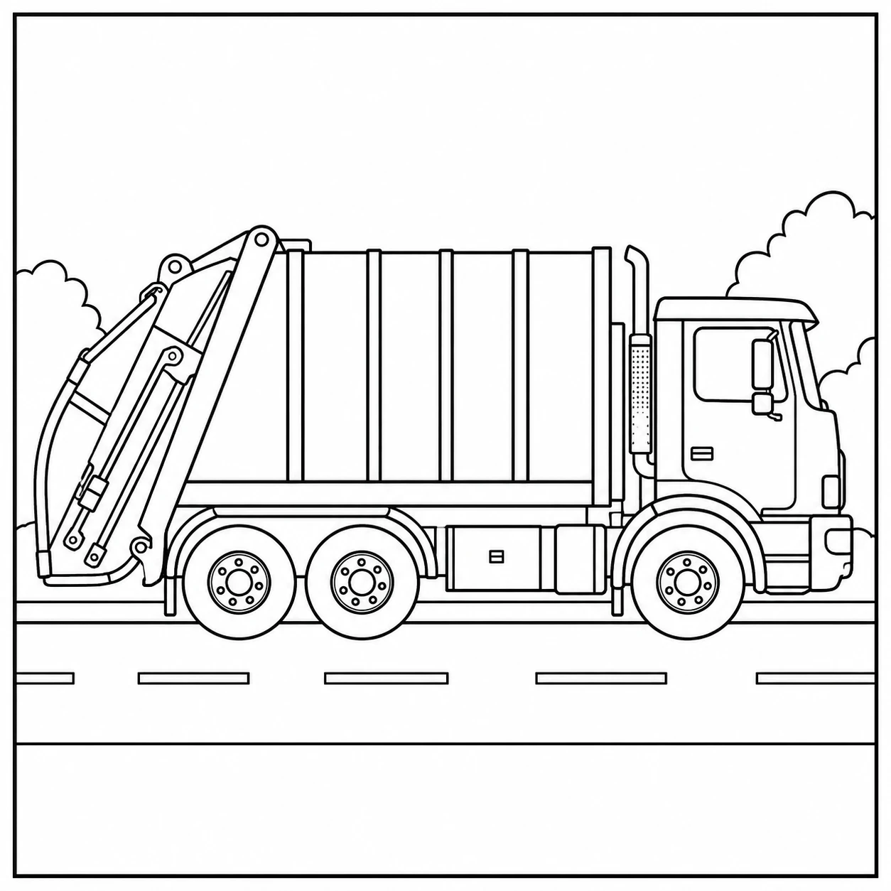 Vuilniswagen van de zijkant met gesloten laadbak, meerdere wielen en eenvoudige weg