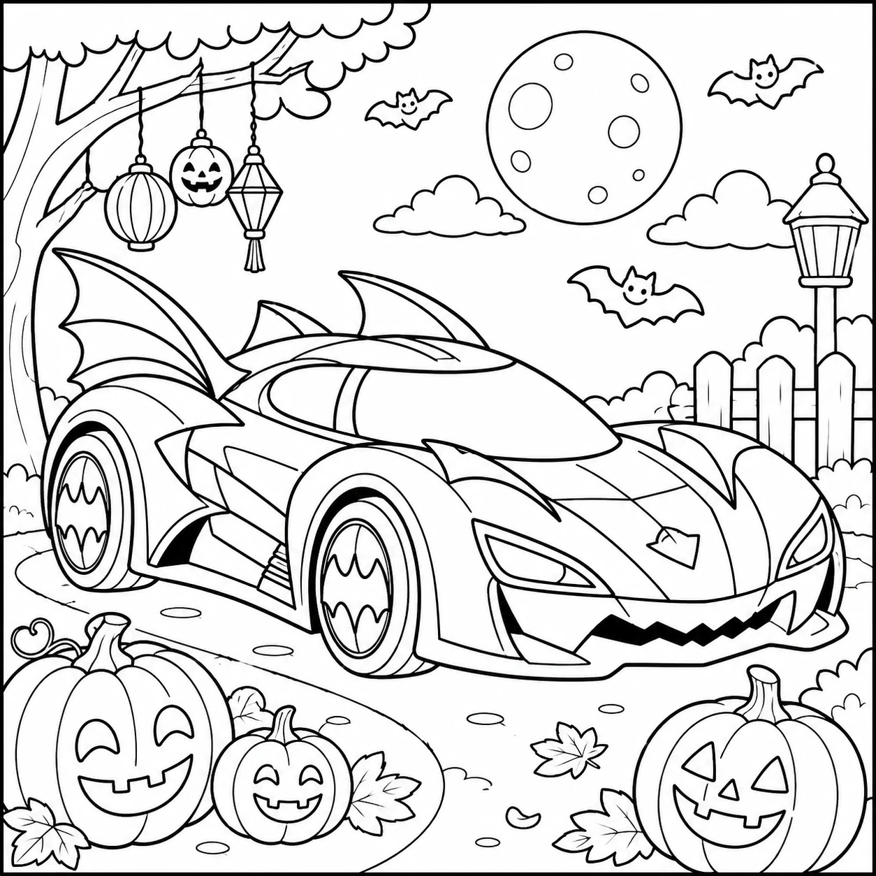 Kleurplaat batman auto met een futuristische wagen tussen Halloween pompoenen