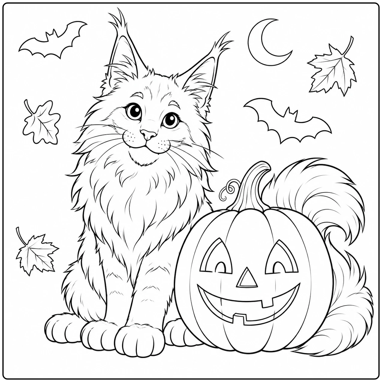 Kat naast een uitgesneden pompoen, met vleermuizen en maan in een kleurplaat maine coon.