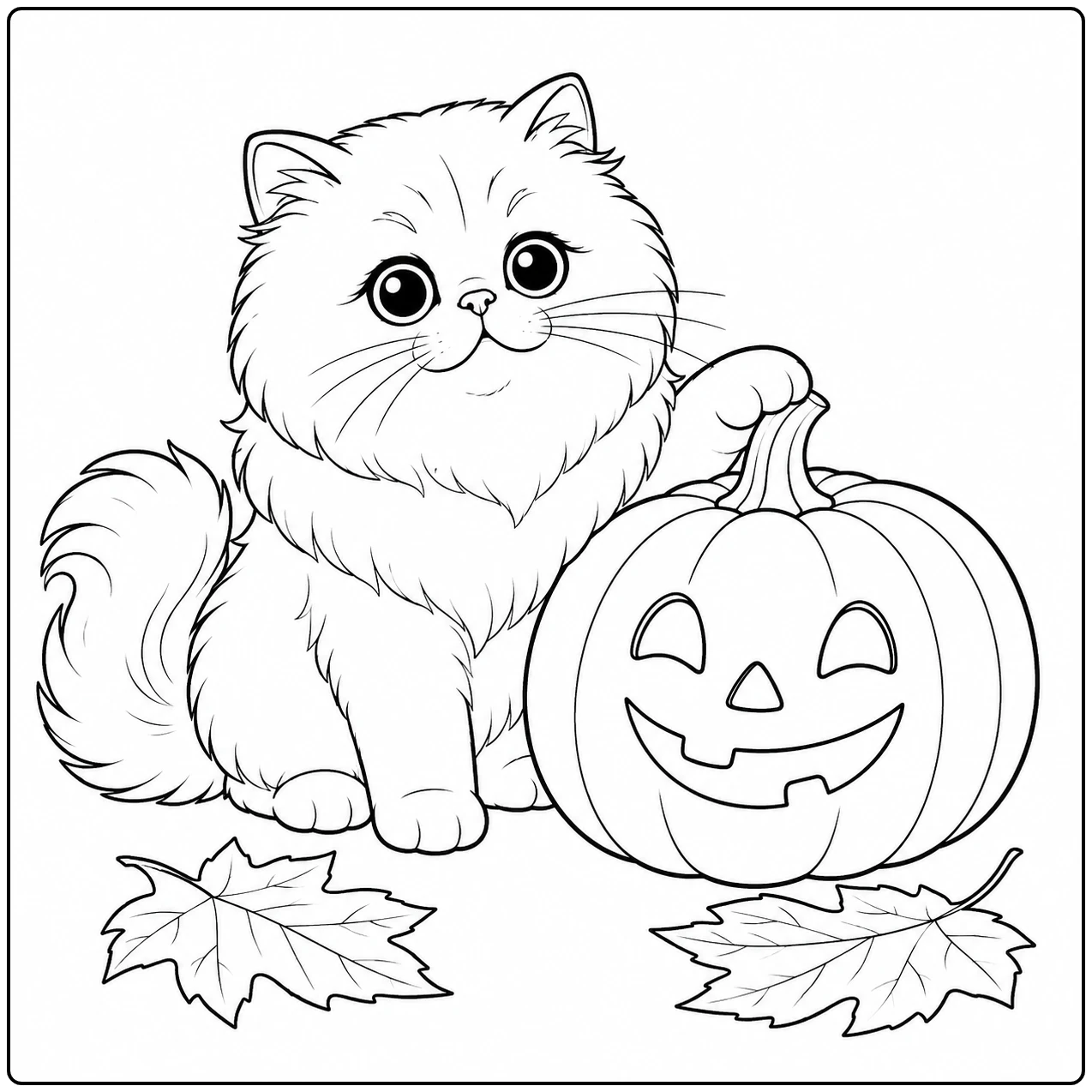 Herfstscène met kleurplaat perzische kat naast een lachende pompoen en gevallen bladeren.