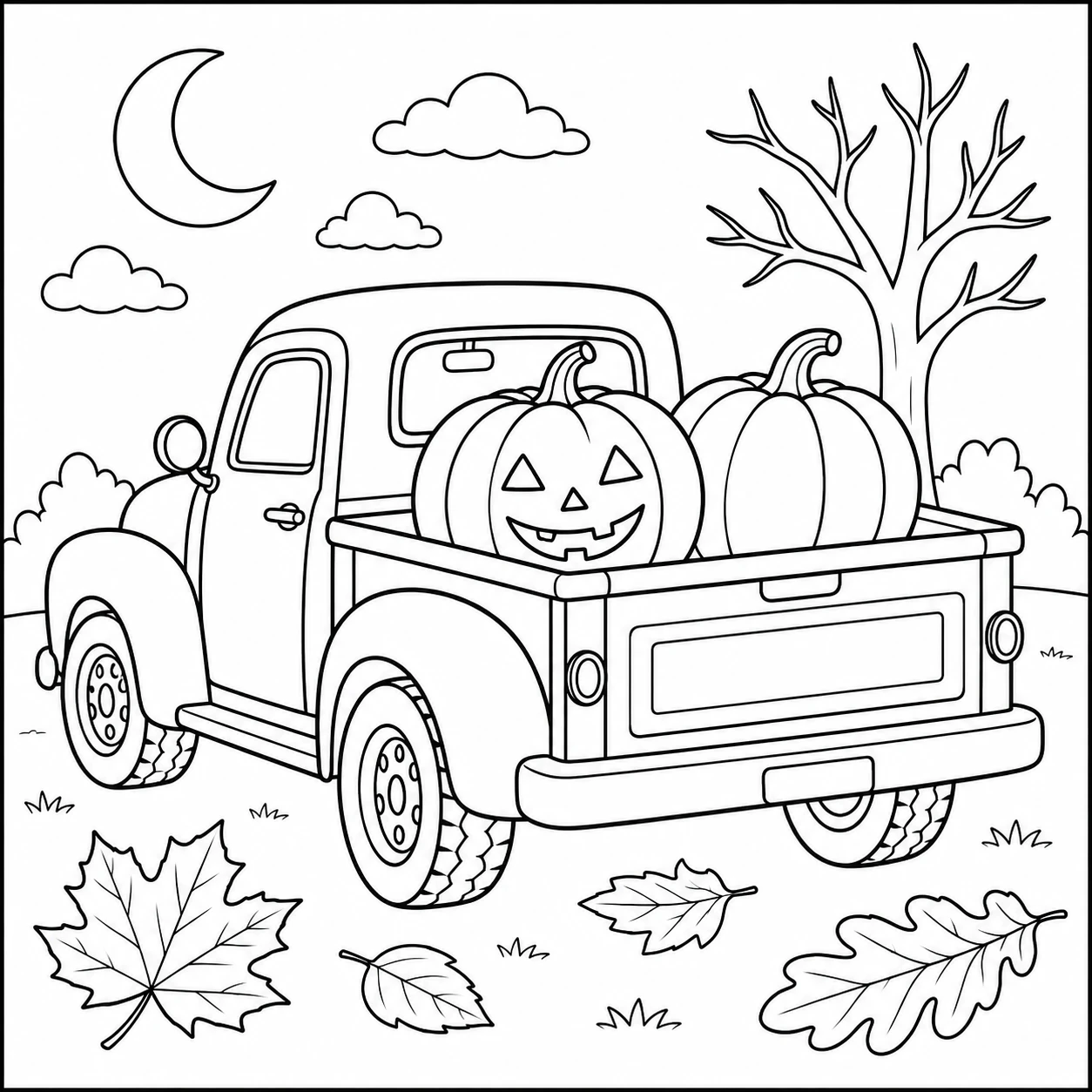 Een Halloween kleurplaat pickup truck met pompoenen, herfstbladeren, kale boom en maansikkel.