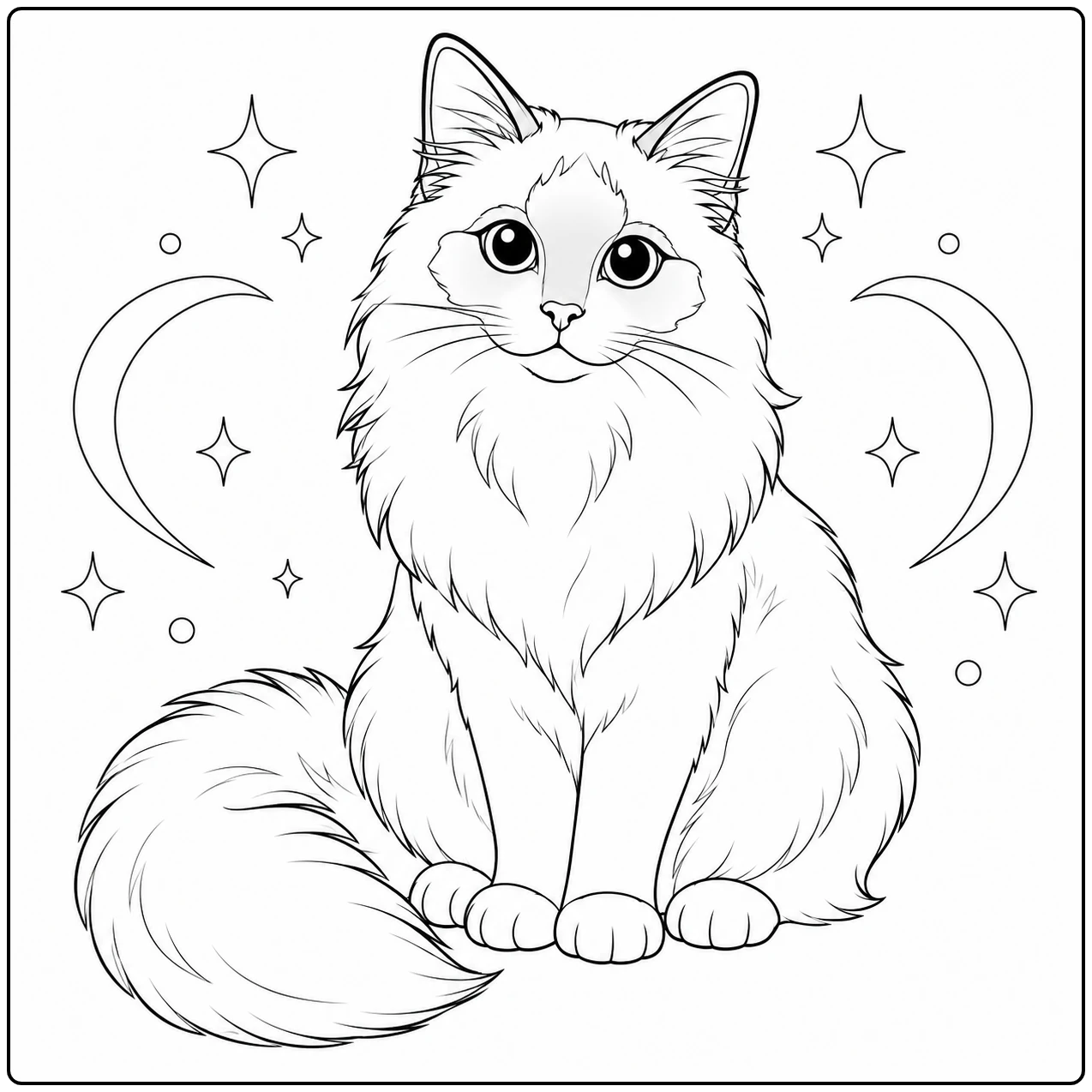 Zittende pluiskat met sierlijk gekrulde staart, omgeven door hartjes, sterren en een kleine maansikkel.
