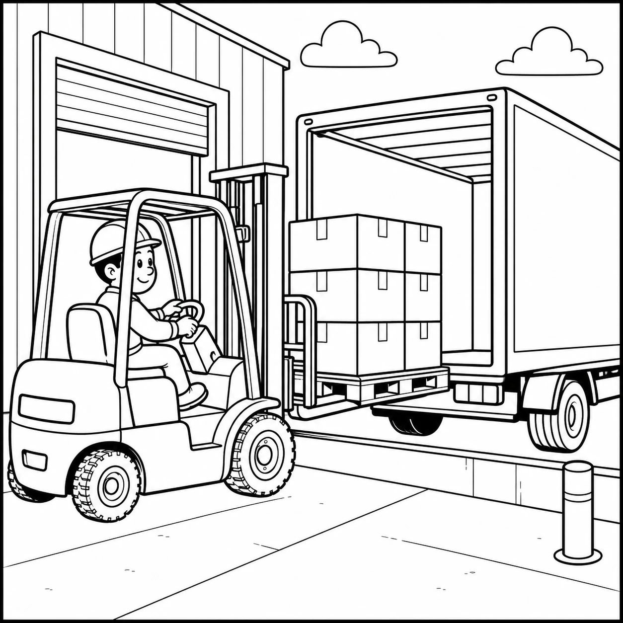Heftruck bij een laadruimte met vrachtwagen en goederen voor transport