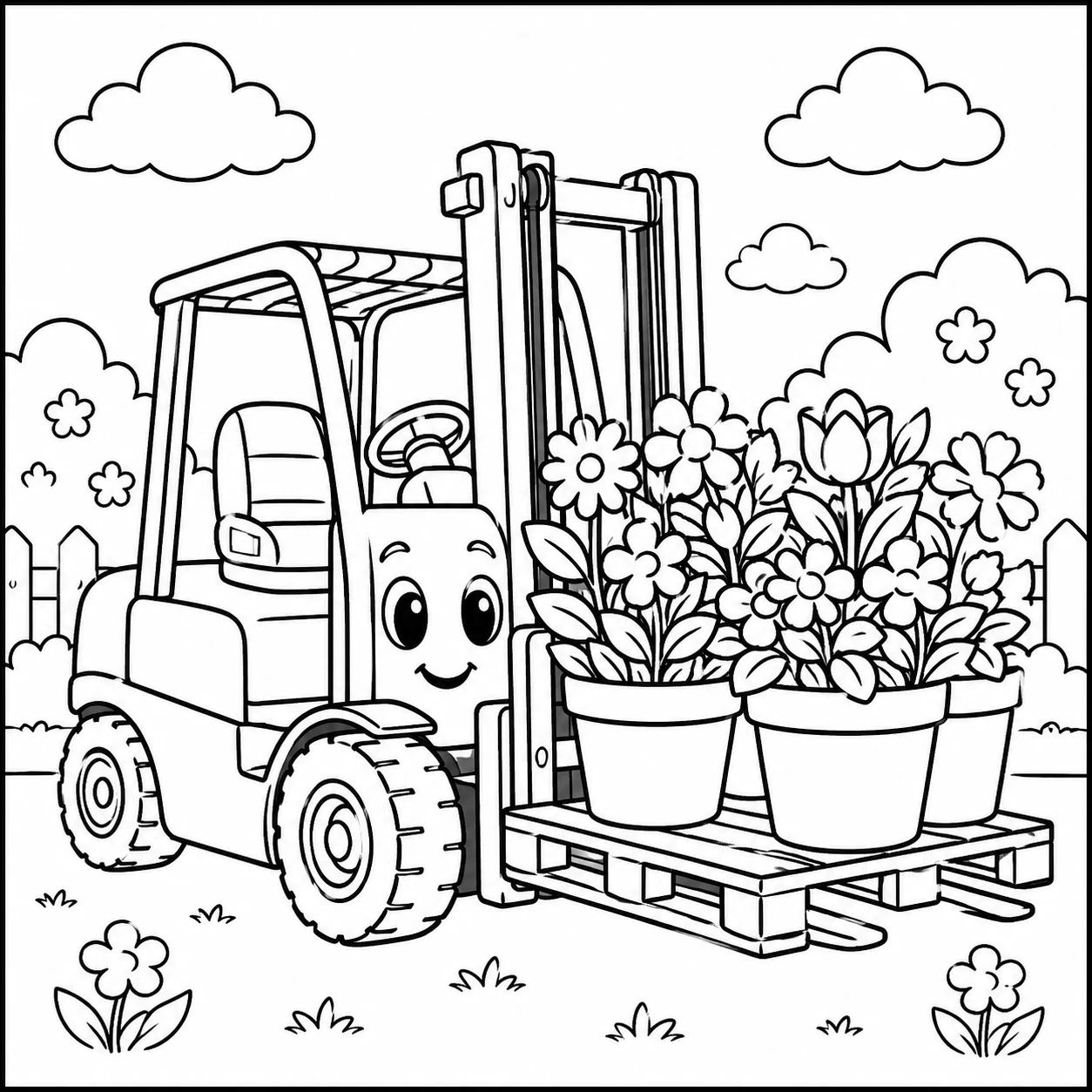 Heftruck met bloemenbakken op een pallet in een vrolijke buitenscène