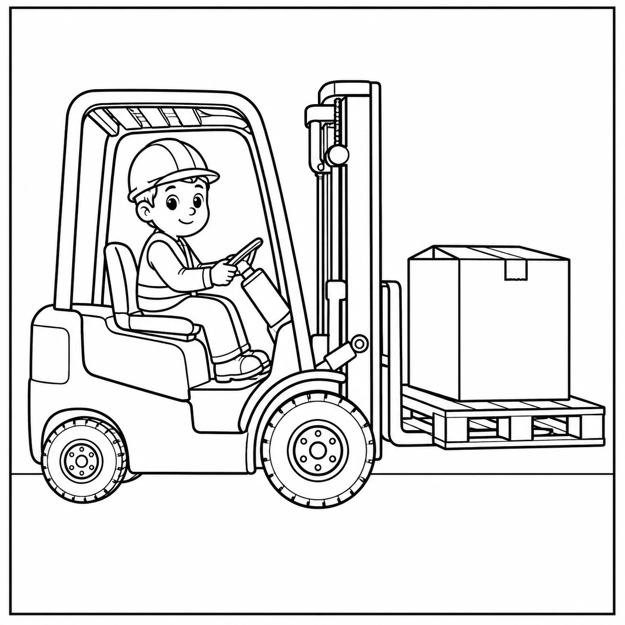 Heftruck met bestuurder in de cabine die een pallet in het magazijn verplaatst