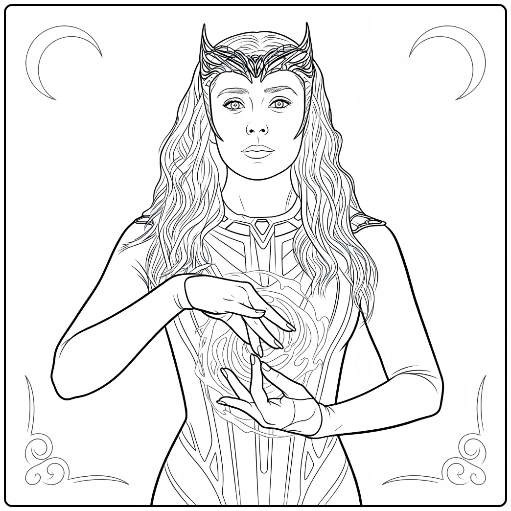 Vrouw met lang golvend haar en gehoornde hoofdtooi die rode energie vormt Scarlet Witch Kleurplaat