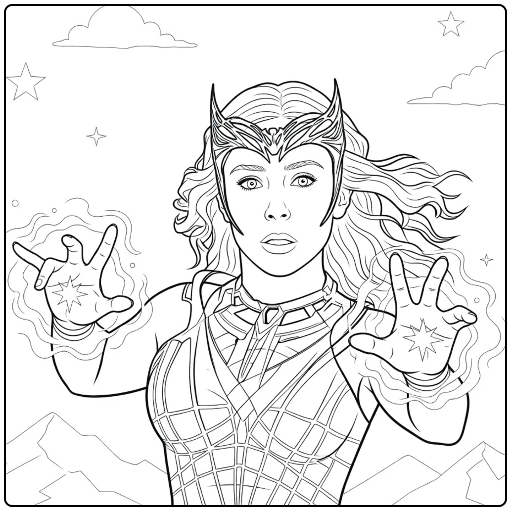 Vrouw met golvend blond haar en hoornen hoofdtooi die energie uitstraalt Scarlet Witch Kleurplaat