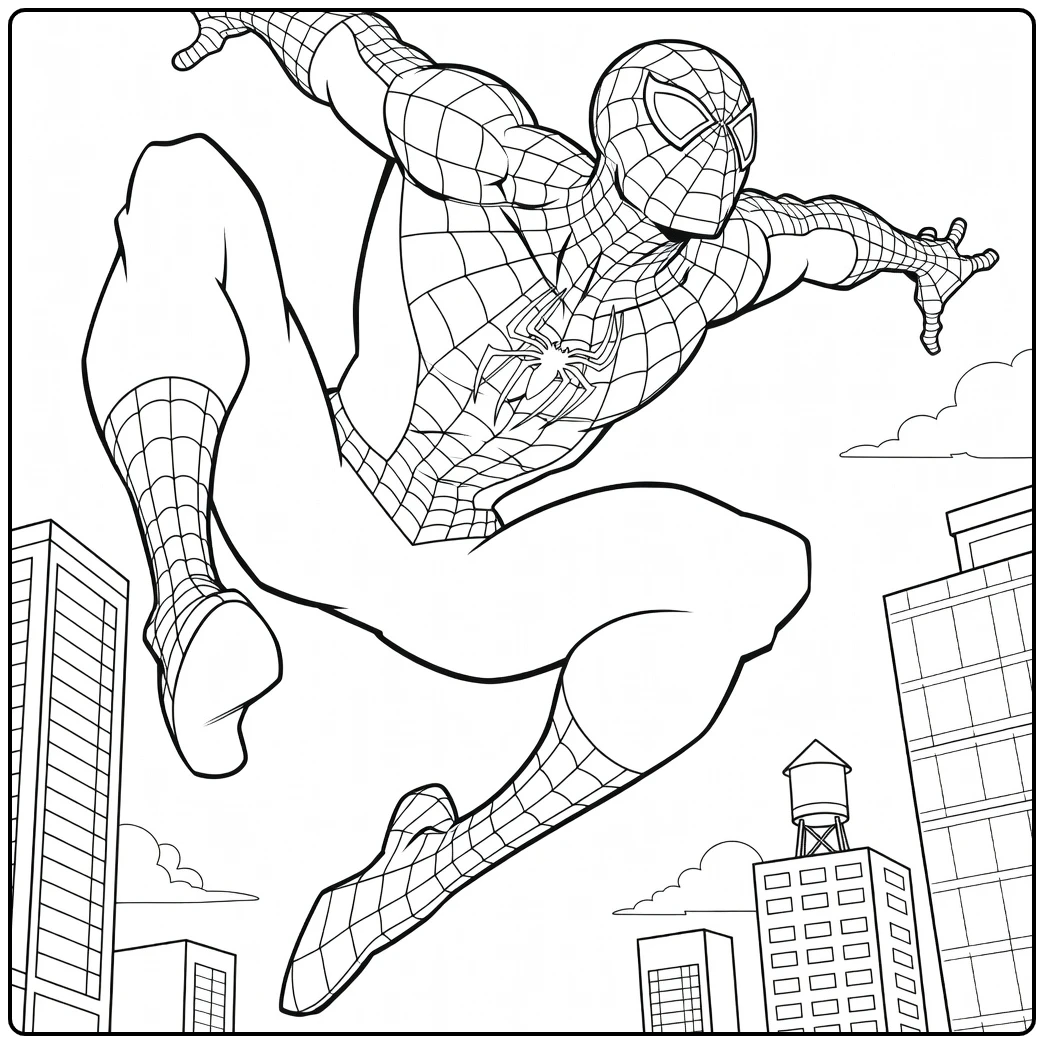 Gemaskerde held met webpak springt dynamisch door de lucht met gebouwen op de achtergrond spiderman kleurplaat