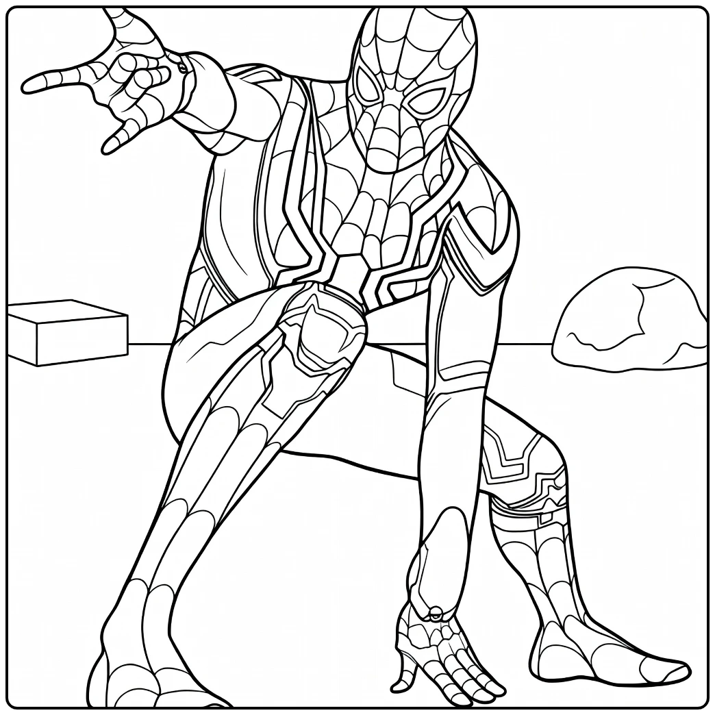 spiderman kleurplaat van een gemaskerde held in lage hurk met uitgestrekte arm en webpatroon