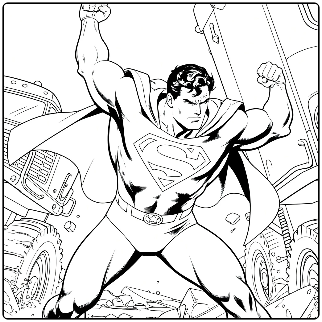 superman kleurplaat van een gespierde held met cape in krachtige pose tussen twee voertuigen