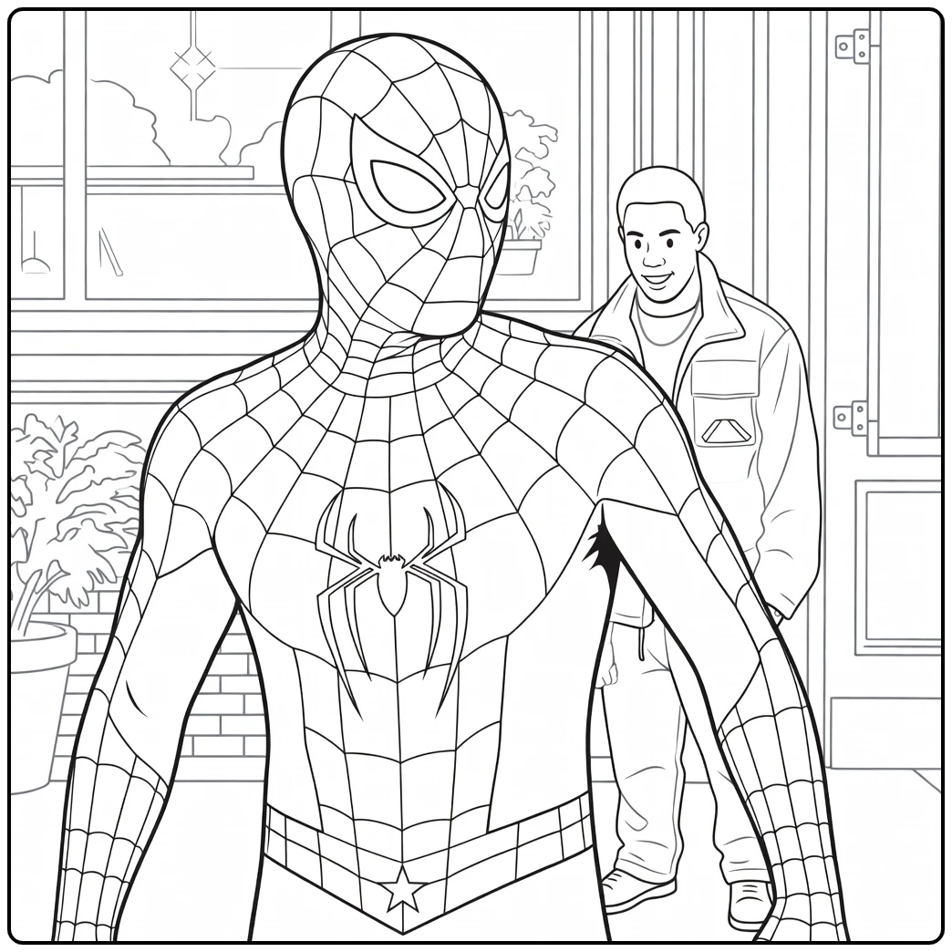 Spider Man Brand New Day Kleurplaat met een held in rood-blauw pak met webmotief en een tweede persoon bij een gebouw