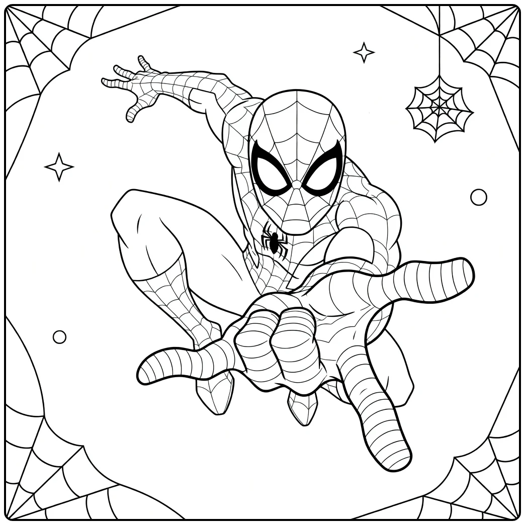 Maskerheld in dynamische hurksprong met arm vooruit en webpak spiderman kleurplaat