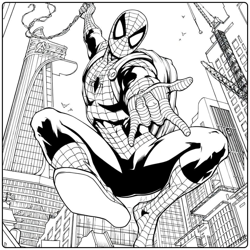 spiderman kleurplaat met een gemaskerde figuur die swingt voor een skyline