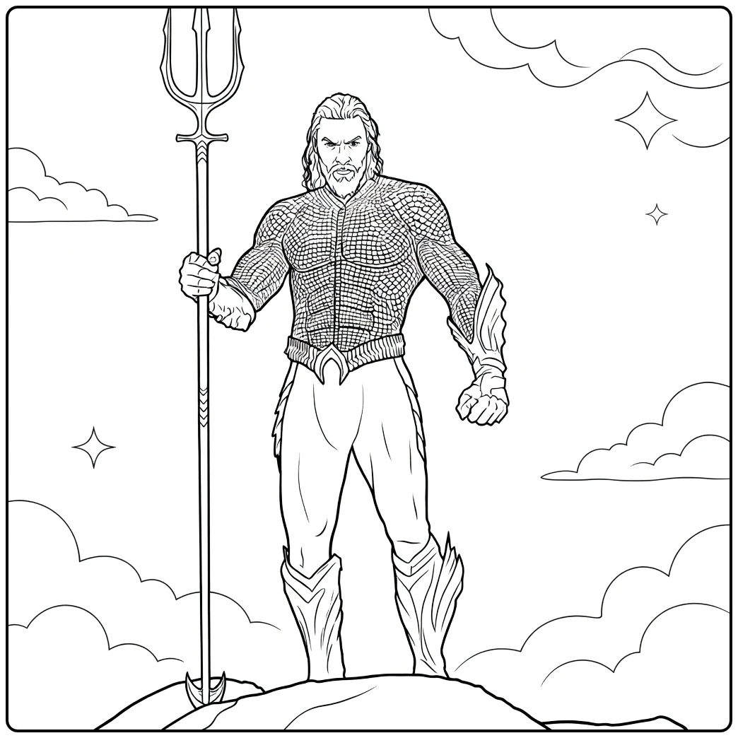 Aquaman Kleurplaat van een gespierde held met lange haren en baard die een grote drietand vasthoudt op een rots