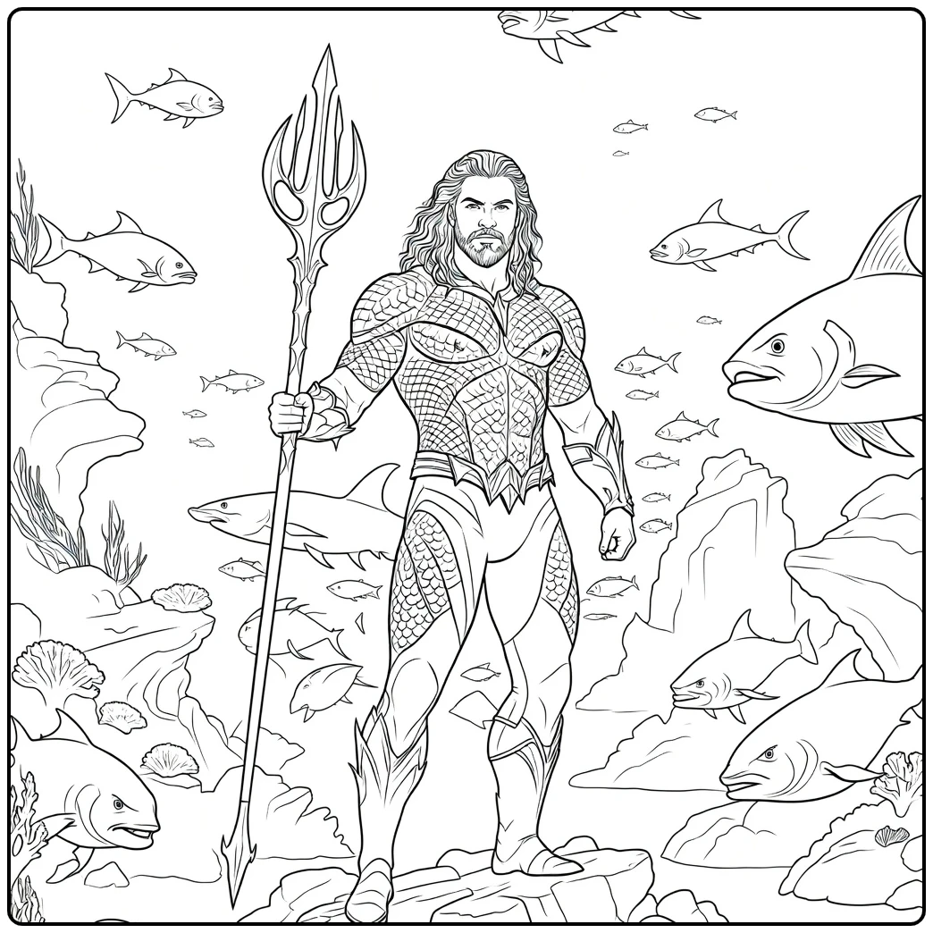 Aquaman Kleurplaat met een gespierde man met golvend haar en drietand omringd door vissen