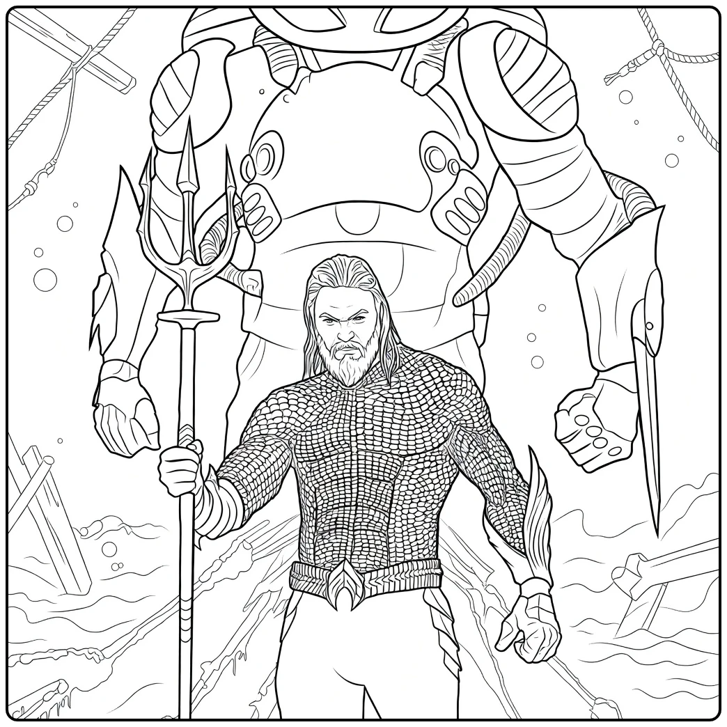 Aquaman Kleurplaat met een gespierde man die een drietand vasthoudt en een grote robot achter zich