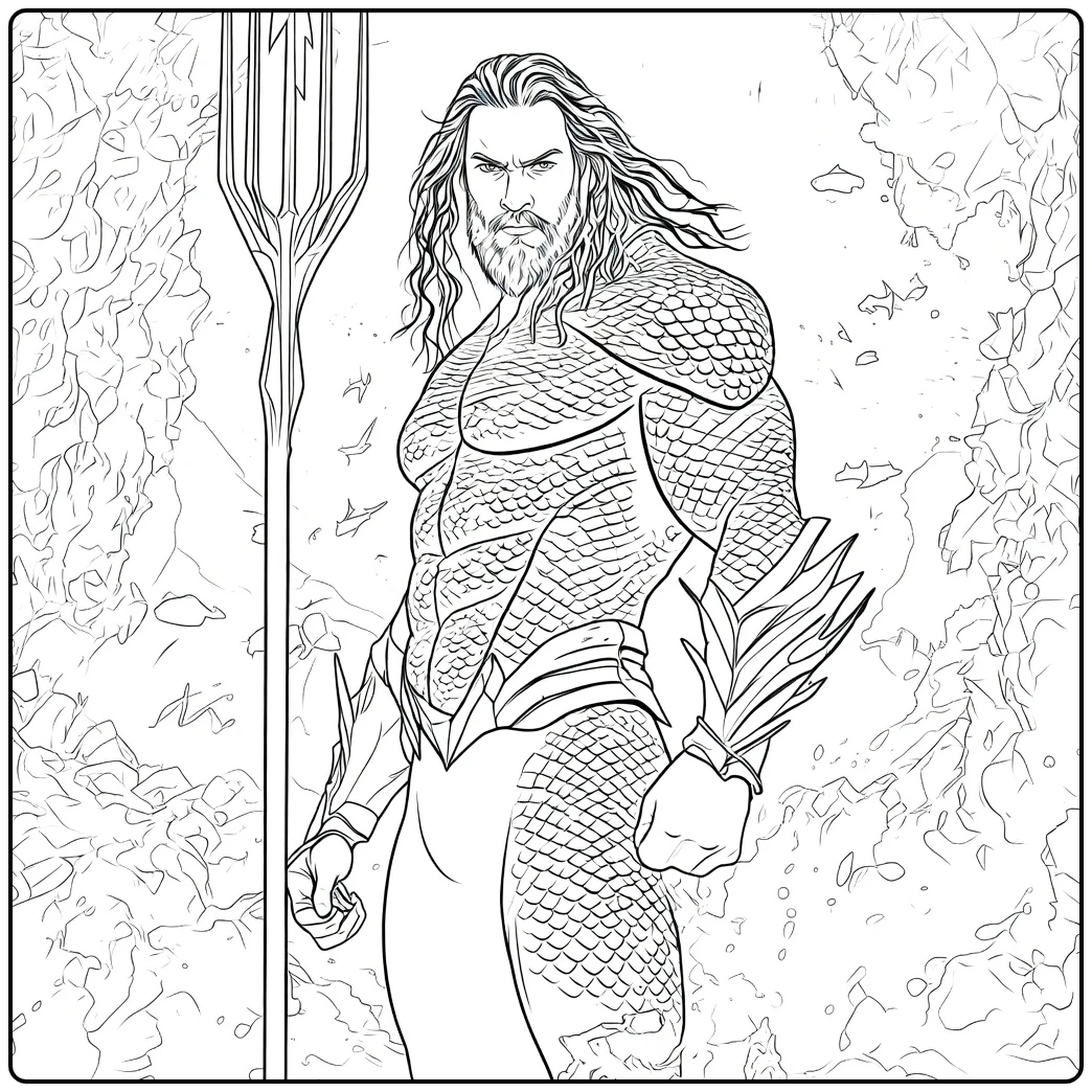 Aquaman Kleurplaat van een gespierde man met baard en drietand in rotsachtige onderwateromgeving
