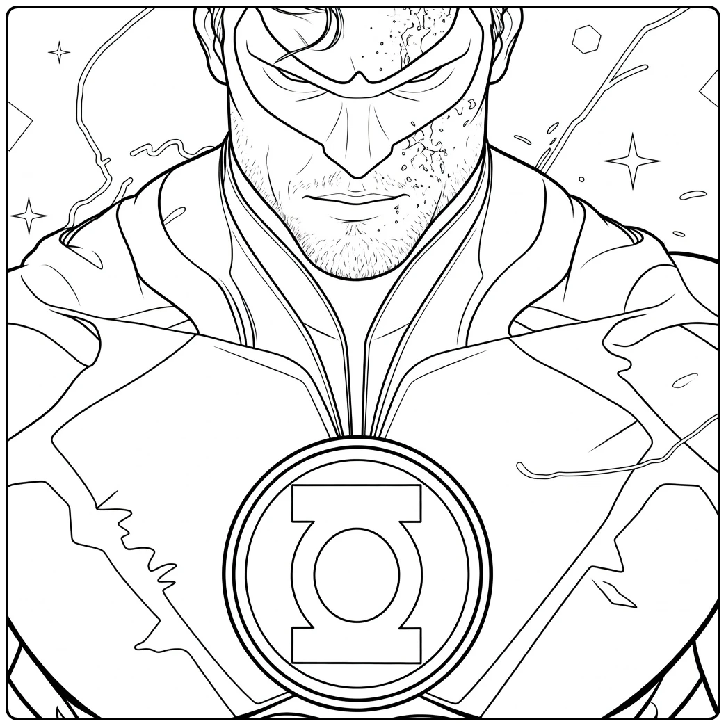 Lijntekening van een gespierde man met masker en rond embleem op de borst Green Lantern Kleurplaat