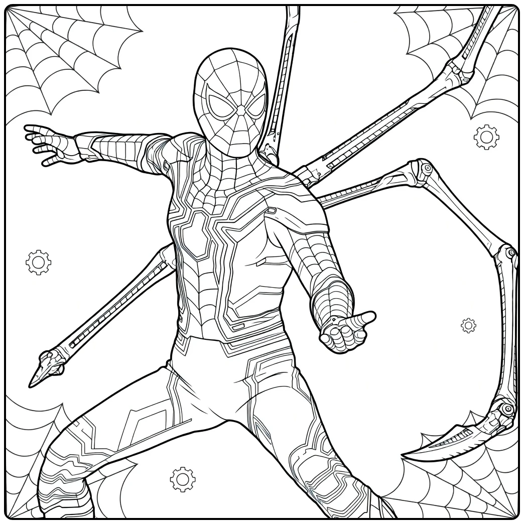Dynamische held in rode en zwarte pak met vier gouden mechanische armen spiderman kleurplaat