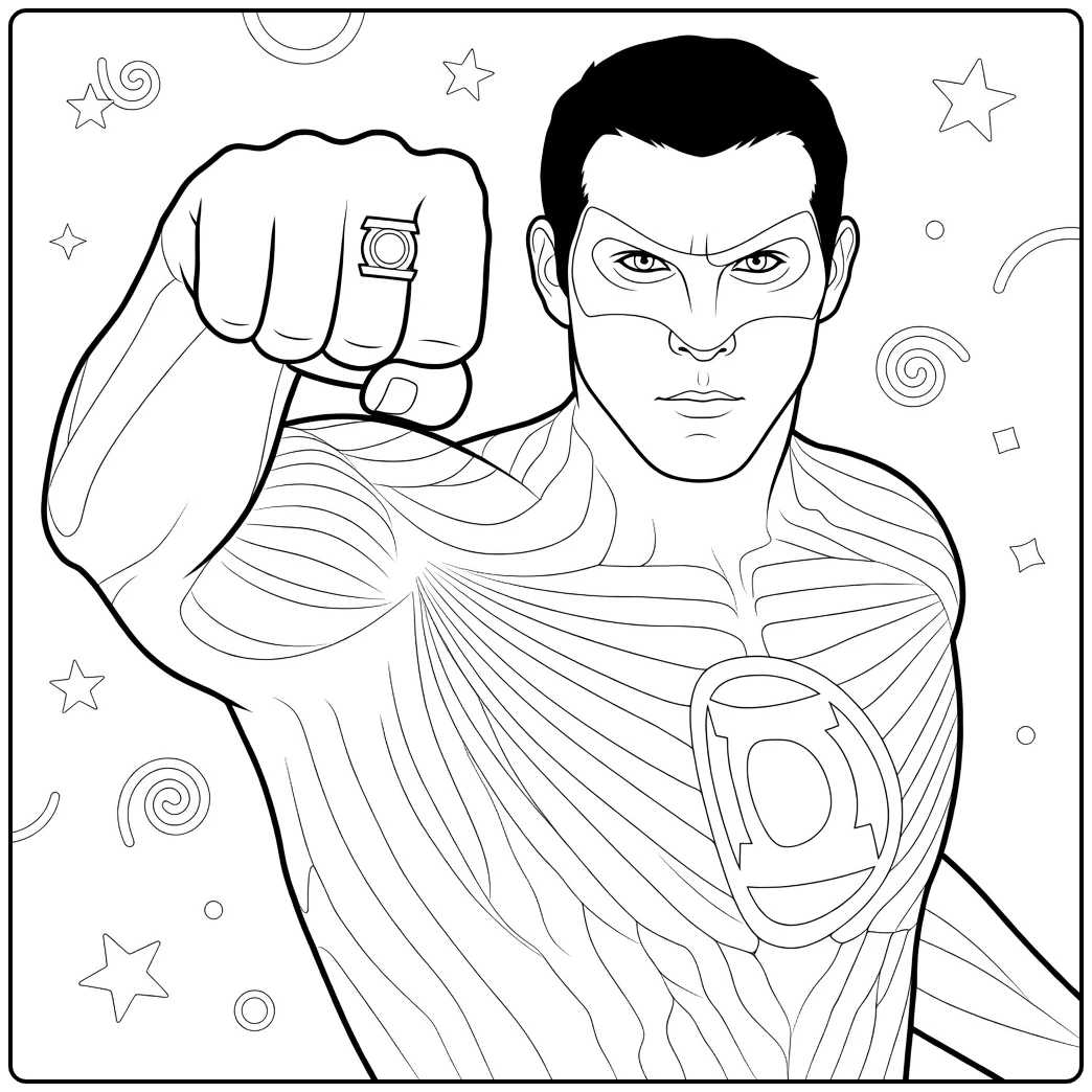 Gespierde man met masker heft vuist met energie op Green Lantern Kleurplaat