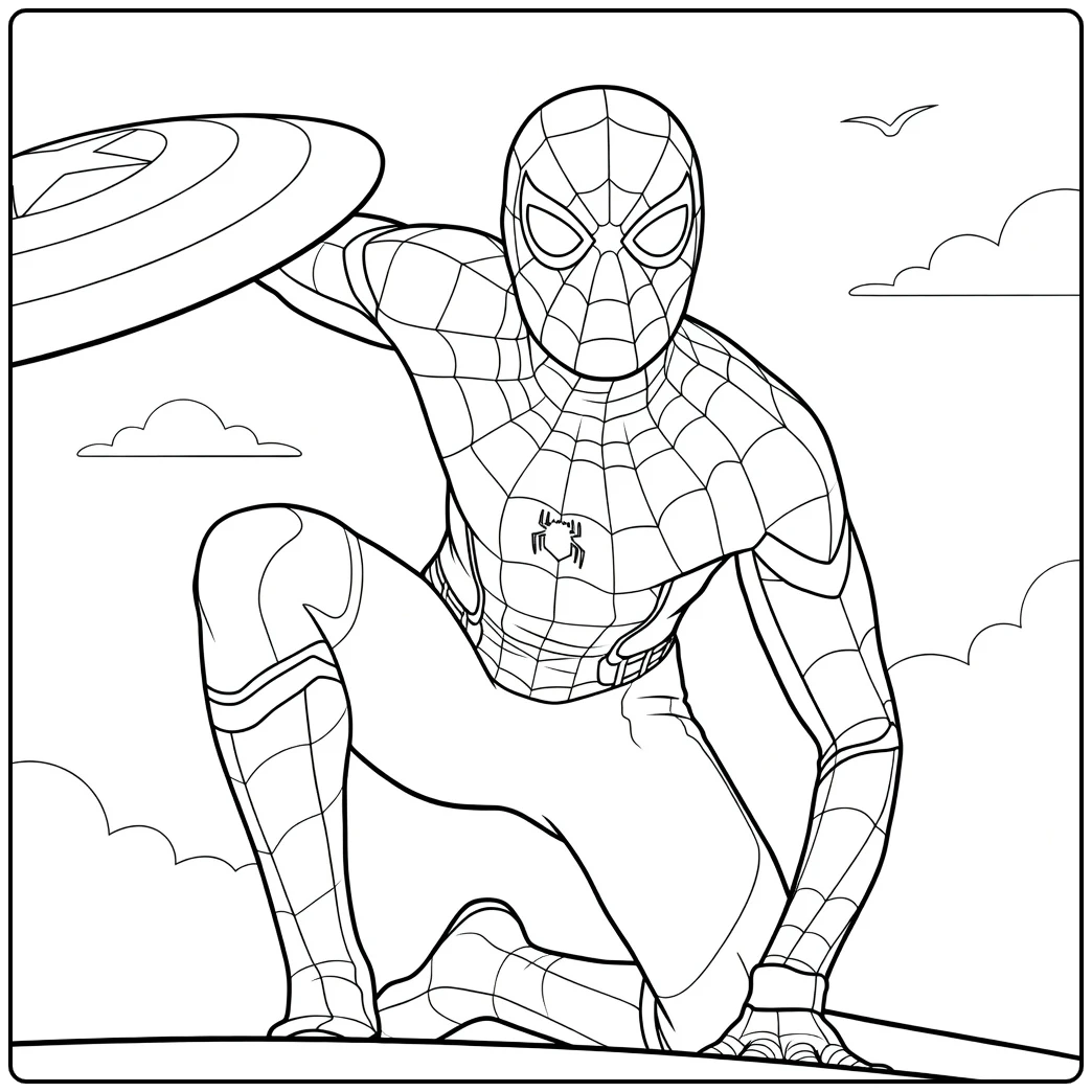 Atletische held in hurkende pose met schild en webpatroon Spiderman Kleurplaat