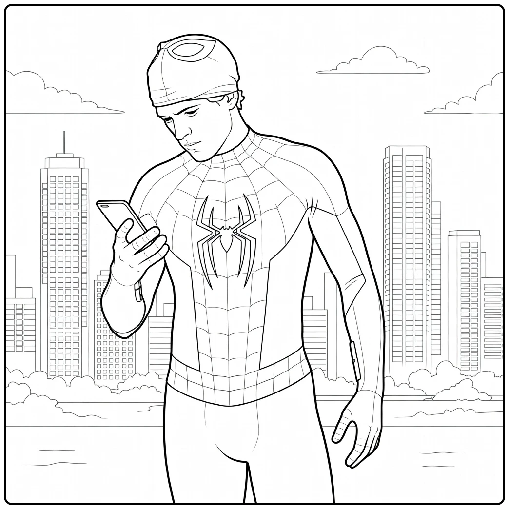 Superheld in masker en pak met smartphone voor stadsgezicht Spider Man Brand New Day Kleurplaat