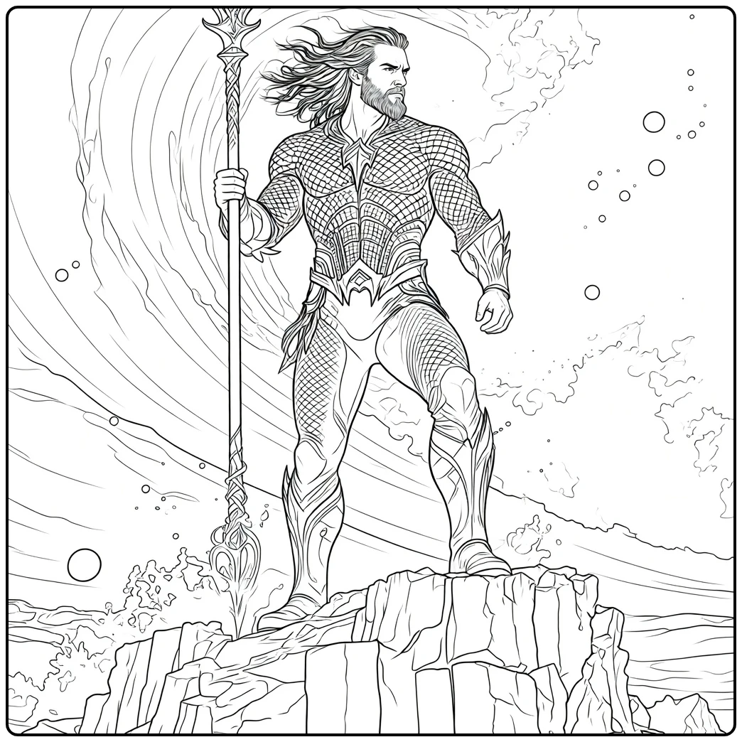Aquaman Kleurplaat van een gespierde held met staf voor een grote golf