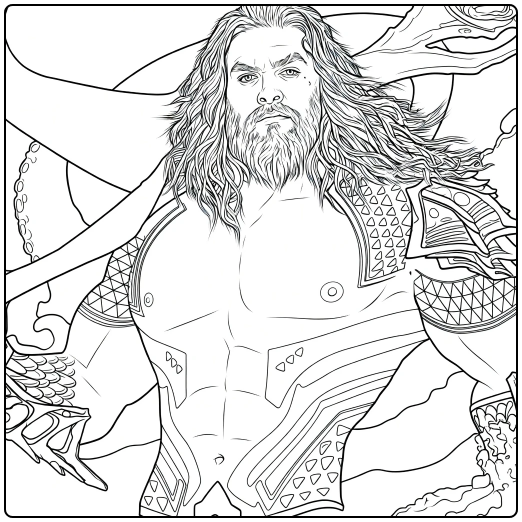 Aquaman Kleurplaat van een gespierde held met baard en tentakel in het water